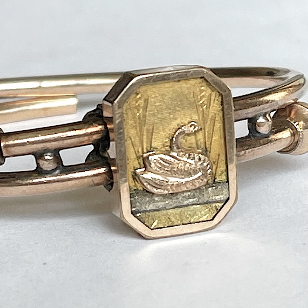 ANTIQUE VICTORIAN ETRUSCAN REVIVAL BRACELET W/ SWAN  c. 1879  - HINGED CUFF